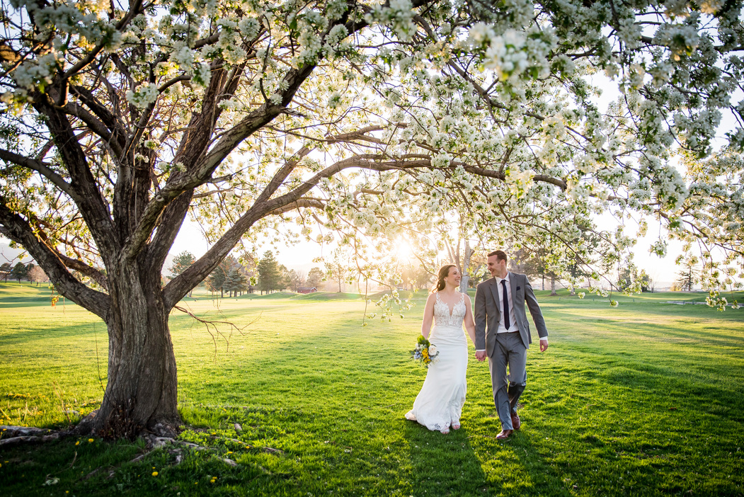 A bride and groom walking under blossoming spring tree.